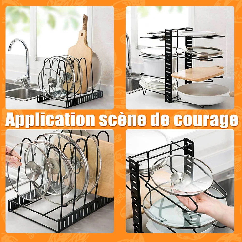 8-Tier Adjustable Metal Pot Rack Organizer – Durable Space-Saving Kitchen Cabinet Holder