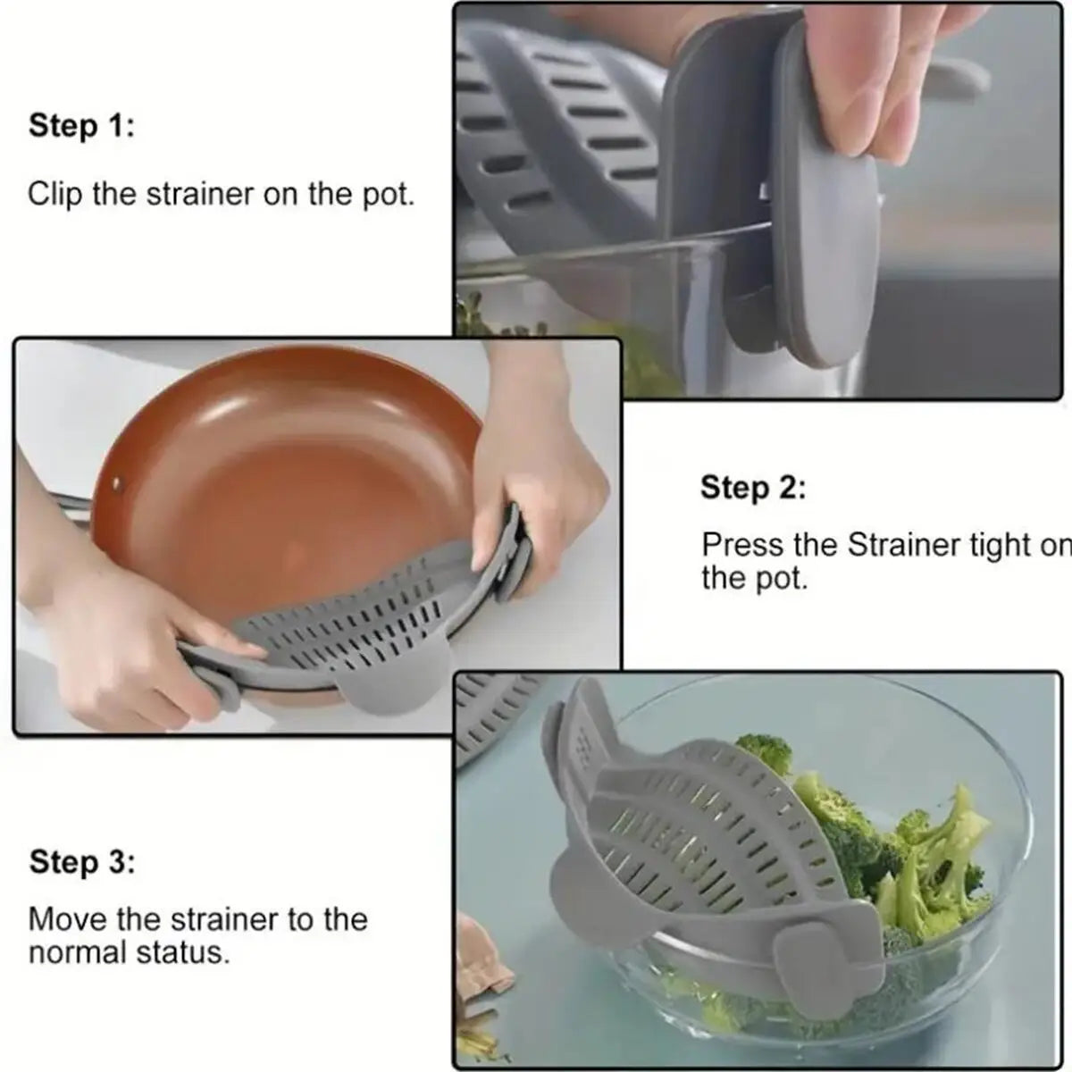 Adjustable Silicone Clip-On Strainer for Pots & Pans | Handheld Pasta & Noodle Drainer