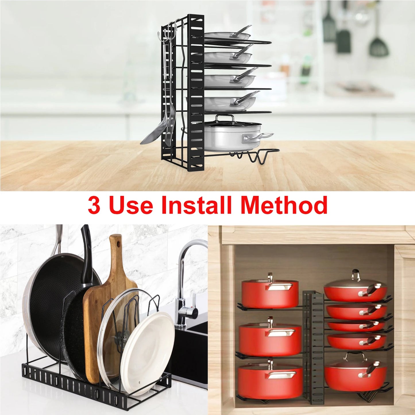 8-Tier Adjustable Metal Pot Rack Organizer – Durable Space-Saving Kitchen Cabinet Holder