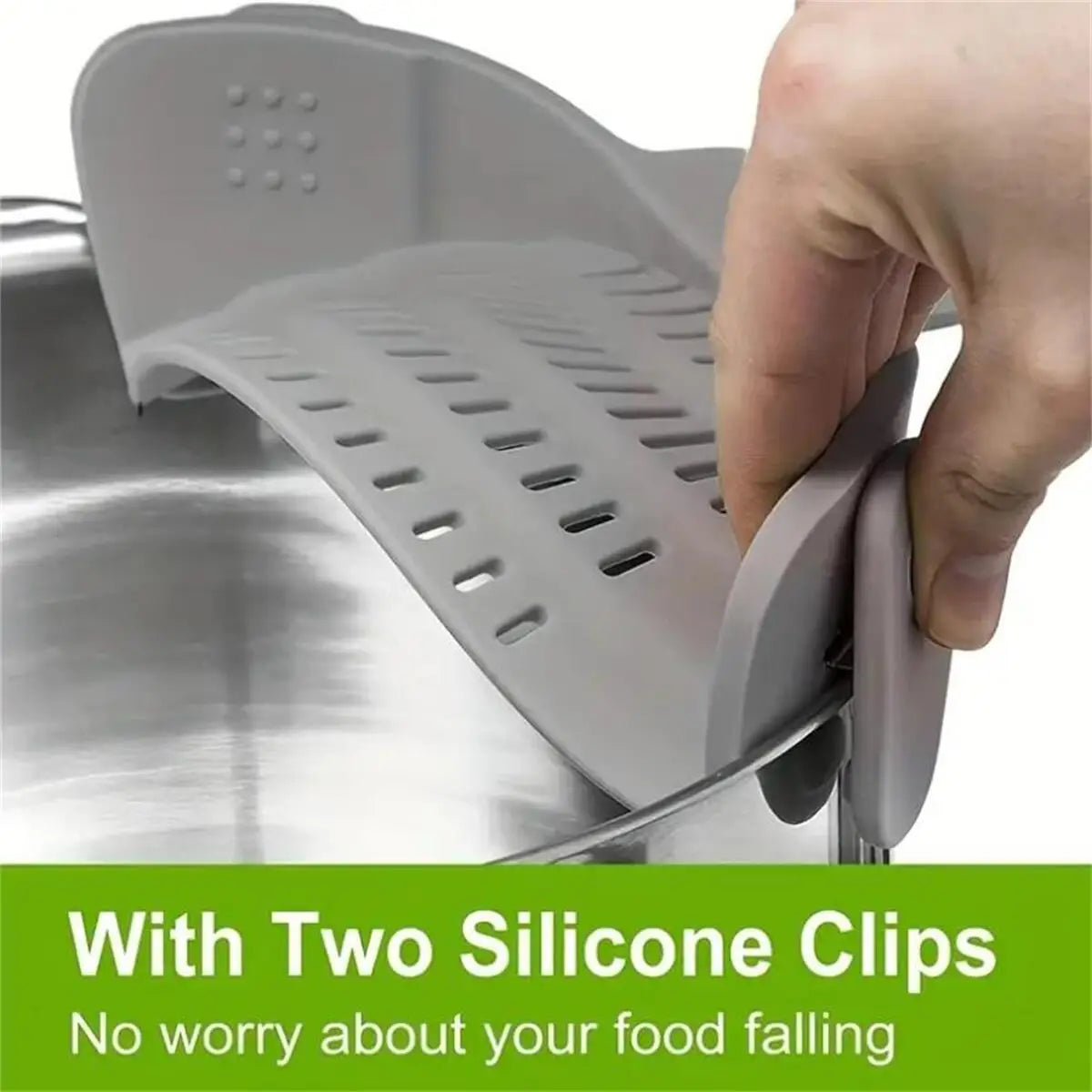 Adjustable Silicone Clip-On Strainer for Pots & Pans | Handheld Pasta & Noodle Drainer