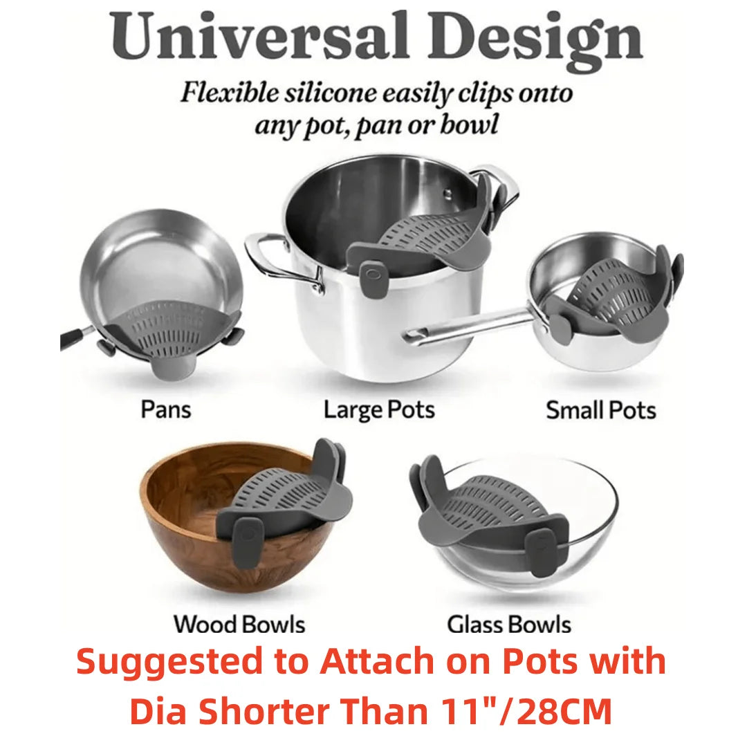 Adjustable Silicone Clip-On Strainer for Pots & Pans | Handheld Pasta & Noodle Drainer