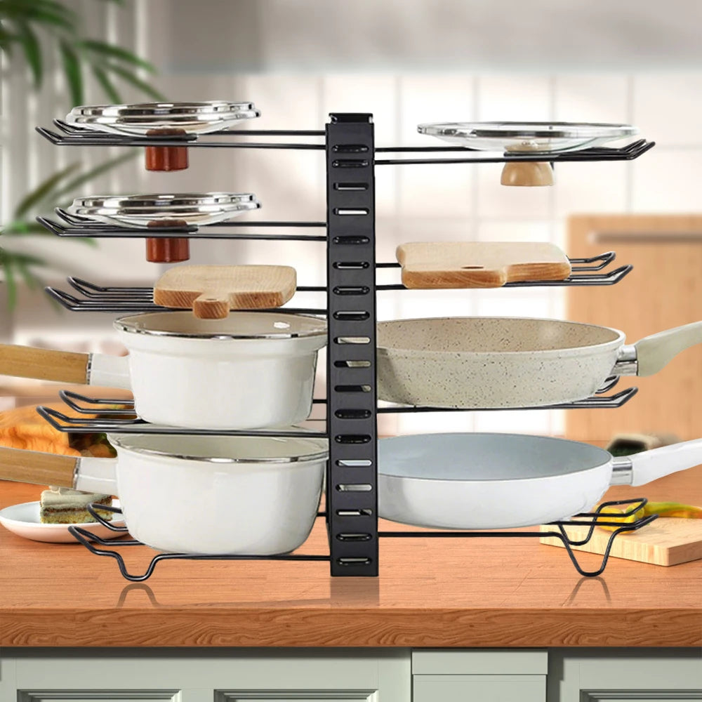 8-Tier Adjustable Metal Pot Rack Organizer – Durable Space-Saving Kitchen Cabinet Holder