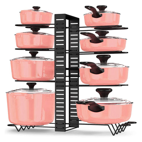 8-Tier Adjustable Metal Pot Rack Organizer – Durable Space-Saving Kitchen Cabinet Holder