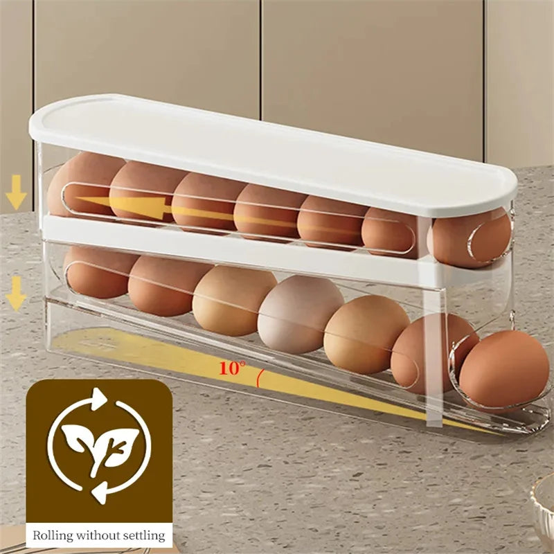 Slide-Type Double Egg Roller – Automatic 2-Tier Egg Storage Holder for Fridge & Countertop