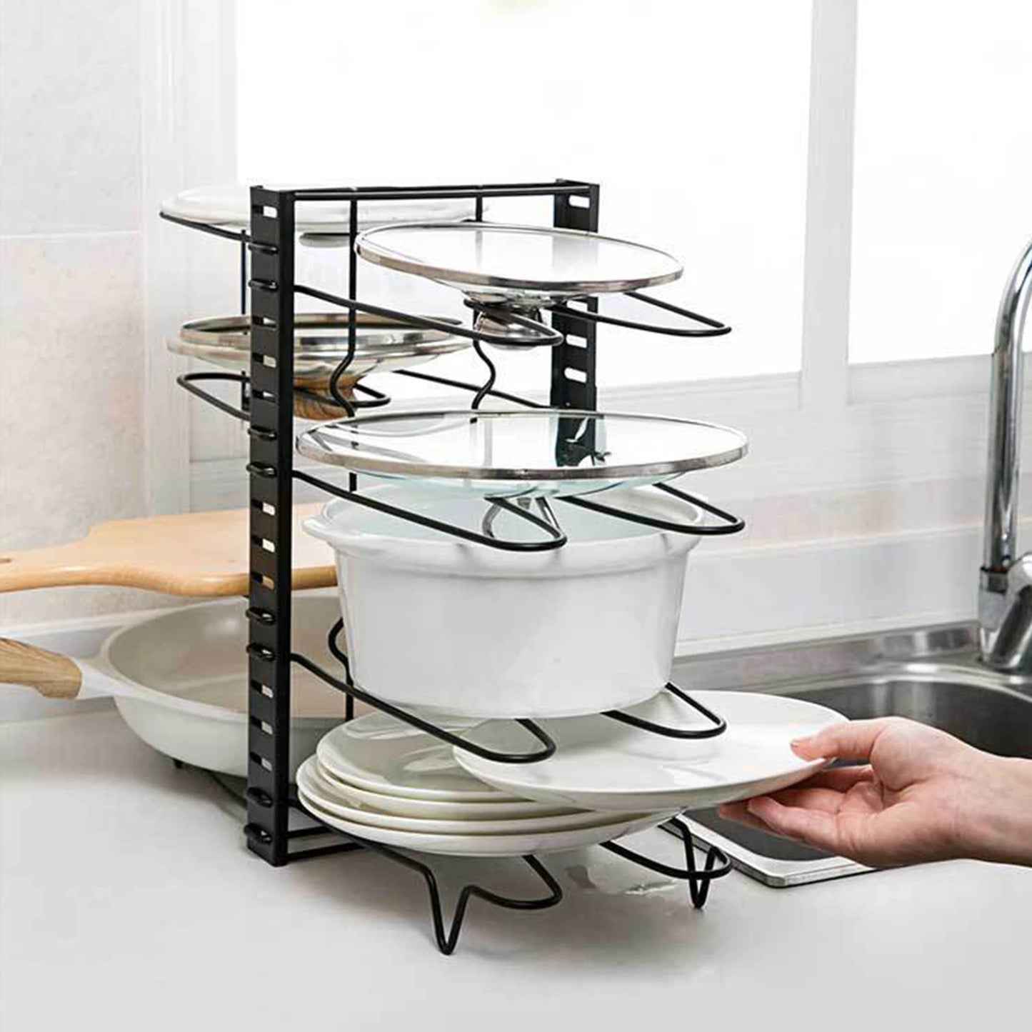8-Tier Adjustable Metal Pot Rack Organizer – Durable Space-Saving Kitchen Cabinet Holder