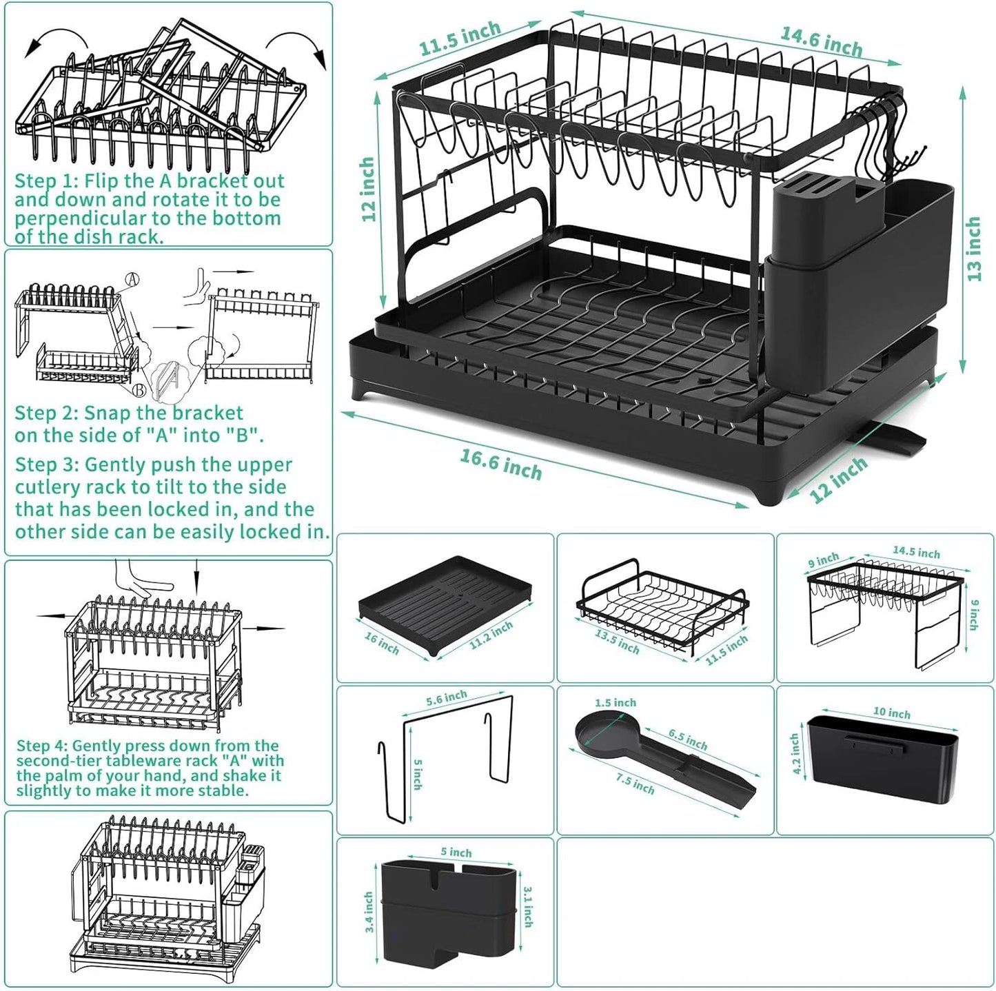 2-Tier Kitchen Countertop Dish Drying Rack with Drip Tray – Metal Dish Drainer