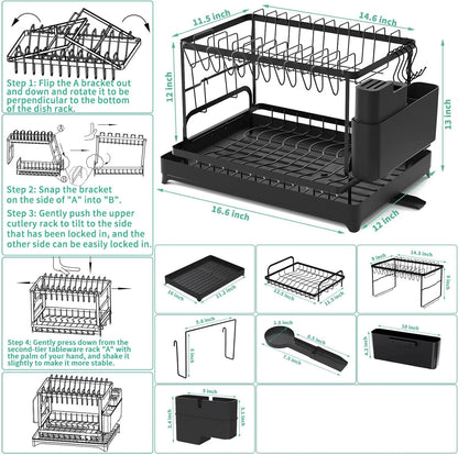 2-Tier Kitchen Countertop Dish Drying Rack with Drip Tray – Metal Dish Drainer