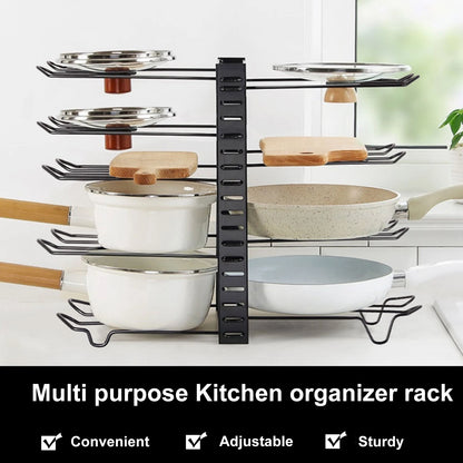 8-Tier Adjustable Metal Pot Rack Organizer – Durable Space-Saving Kitchen Cabinet Holder