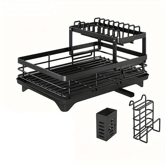 Double-Tier Extendable Dish Drainer – Large-Capacity Kitchen Utensil Rack & Draining Board